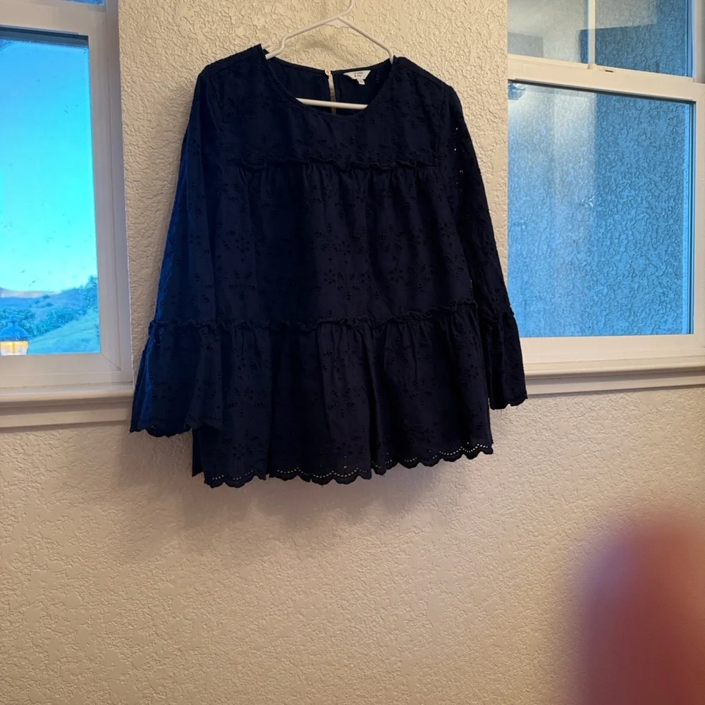 Navy Blue 100% Cotton Eyelet Blouse by Crown & Ivory-Boho Flutter Sleeve XXL - Picture 1 of 17